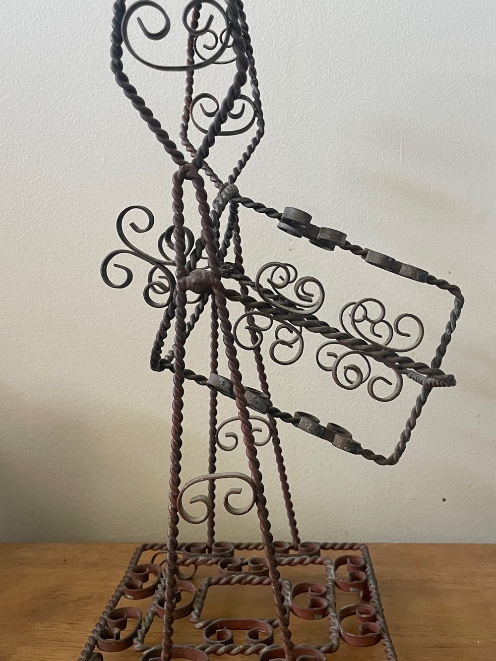 Vintage Wrought Iron Wine Bottle Cradle Tilting Pourer Caddy - Ornate Scrollwork
